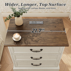 Farmhouse Nightstand with Charging Station & 3 Drawers
