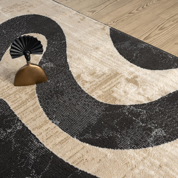 Beige & Black Swirl Modern Area Rug