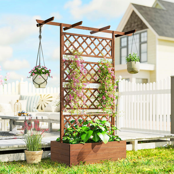 Raised Garden Bed with Trellis and Pergola Roof – Fir Wood Planter Box