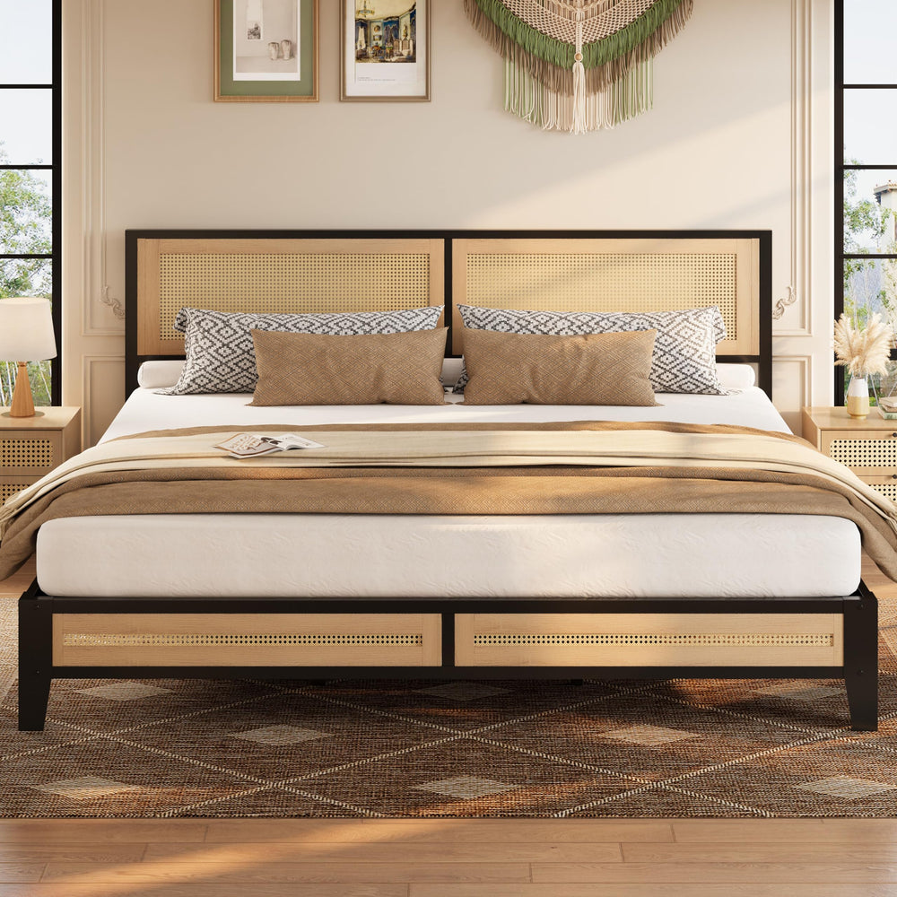 Boho Platform Bed Frame with Rattan Headboard & Underbed Storage