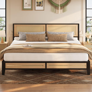 Boho Platform Bed Frame with Rattan Headboard & Underbed Storage