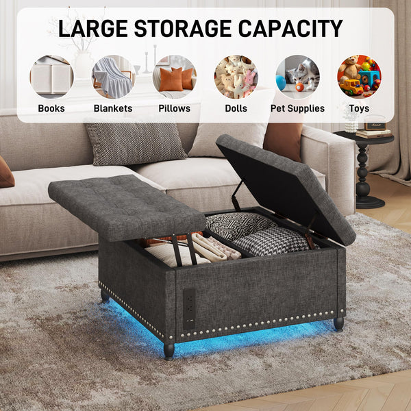 Square Storage Ottoman with LED Lights & Outlets