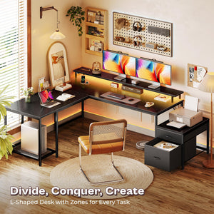 L-Shaped Gaming & Office Desk with LED Lights, Power Outlets, Drawers & Monitor Stand