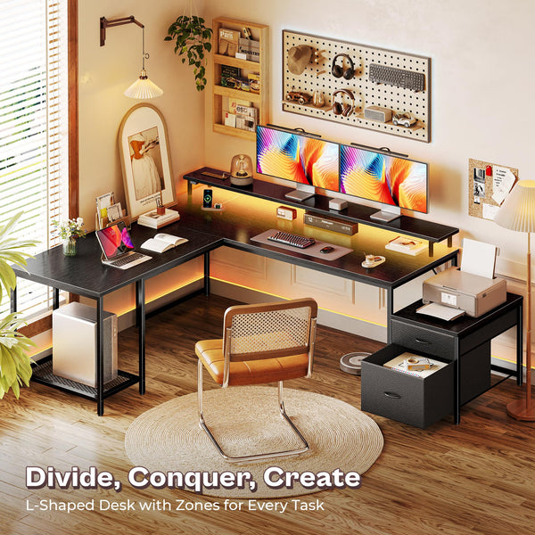 L-Shaped Gaming & Office Desk with LED Lights, Power Outlets, Drawers & Monitor Stand