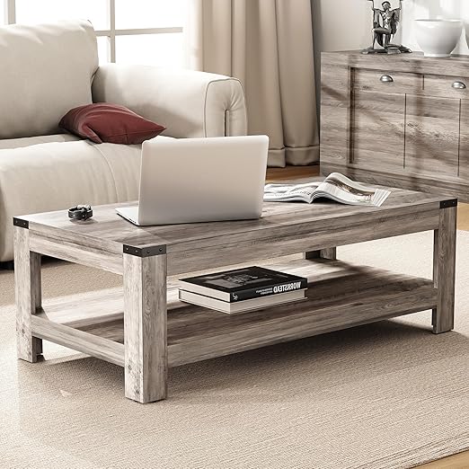 Farmhouse Coffee Table with Storage – 2-Tier Industrial Wood Center Table