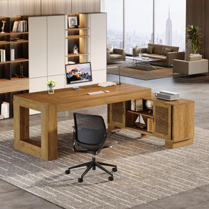 L-Shaped Executive Desk with Storage Cabinets & 2-Tier Shelf