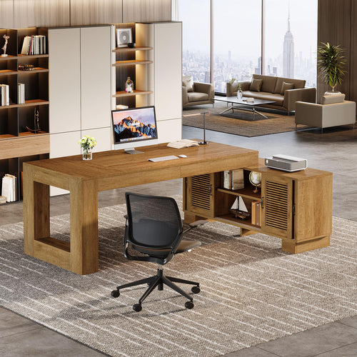 L-Shaped Executive Desk with Storage Cabinets & 2-Tier Shelf