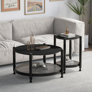 Round Coffee Table with Rattan Storage Shelf