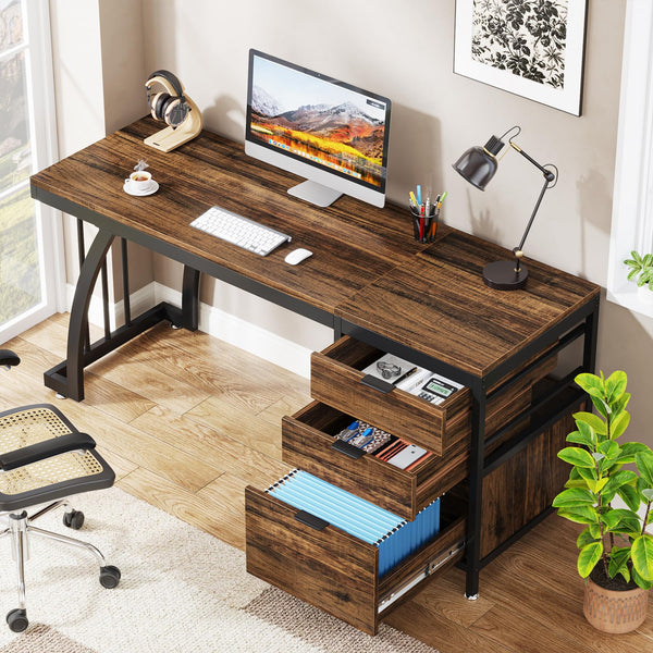 59-Inch Industrial Computer Desk with 3 Drawers and File Storage