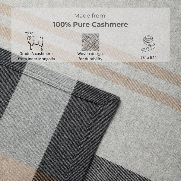 100% Pure Cashmere Throw Blanket – Woven, Large 73"x53", Gray & Beige Stripe