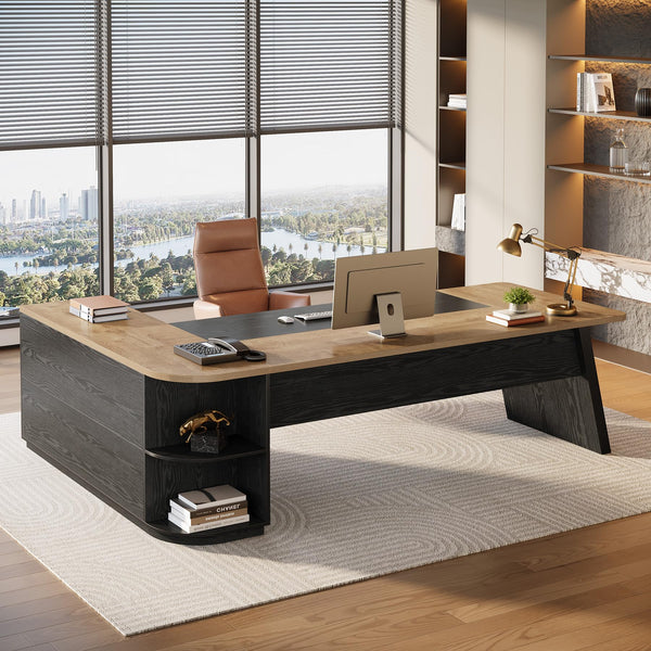 L-Shaped Executive Desk with Cabinet and Storage Shelves