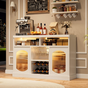 Coffee Bar Cabinet with LED Lights & Glass Doors