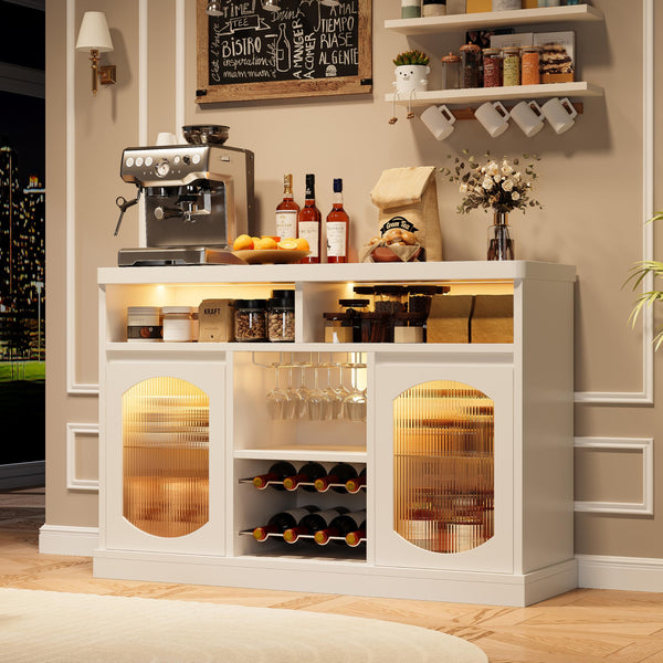 Coffee Bar Cabinet with LED Lights & Glass Doors