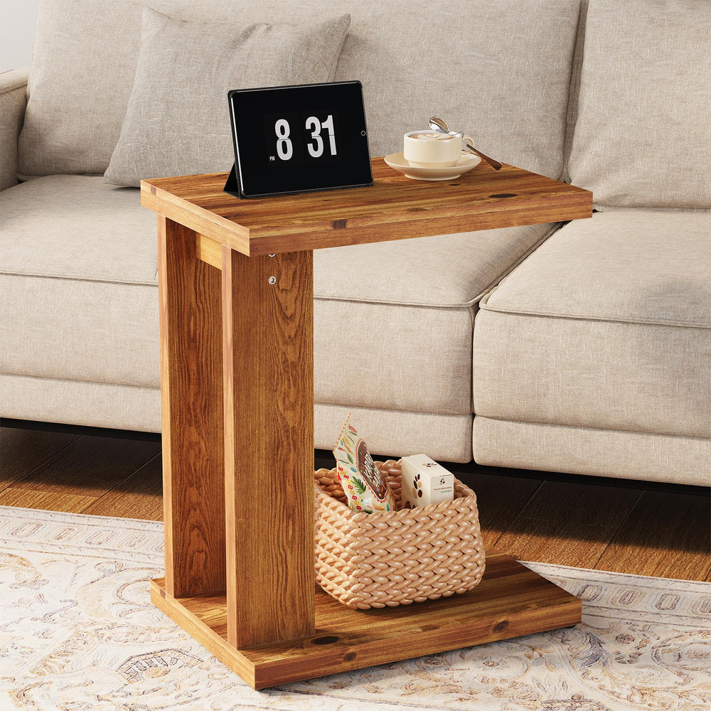 Solid Wood C-Shaped End Table with 2-Tier Storage