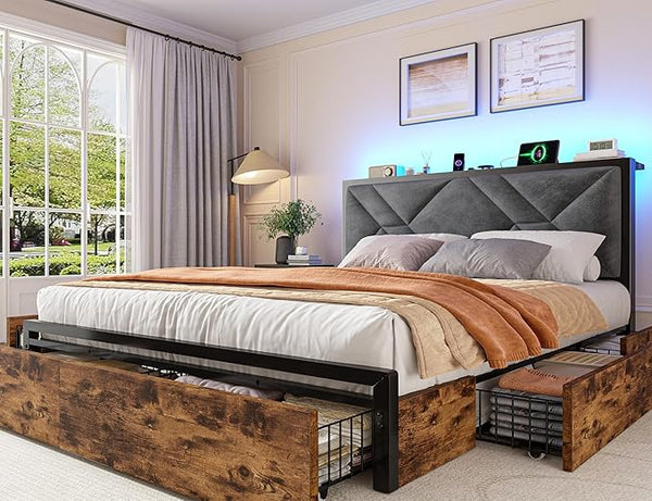 Queen Bed Frame with Storage Drawers, LED Lights & Charging Station