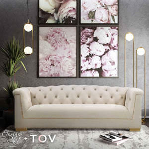 Velvet Button-Tufted Sofa with Gold Nailhead Detail & Steel Legs