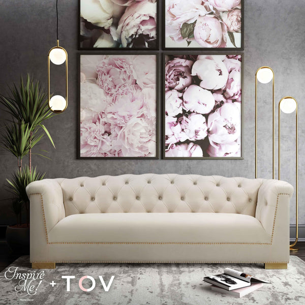 Velvet Button-Tufted Sofa with Gold Nailhead Detail & Steel Legs