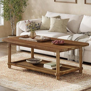 Solid Wood Rectangle Coffee Table with 2-Tier Storage