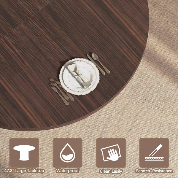 Extendable Round Dining Table with 2-Tier Storage Shelf – Seats 4–6, Black Walnut