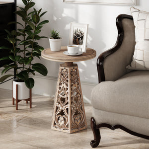 Round Carved Floral End Table – Rustic Farmhouse Accent Table