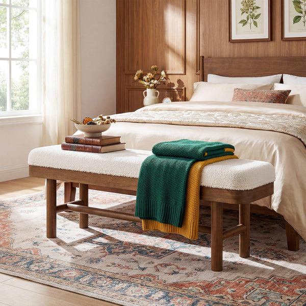 55" Upholstered Bedroom Bench with Faux Shearling Cushion