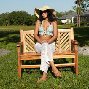 Teak Wood Outdoor Bench with Chevron Backrest