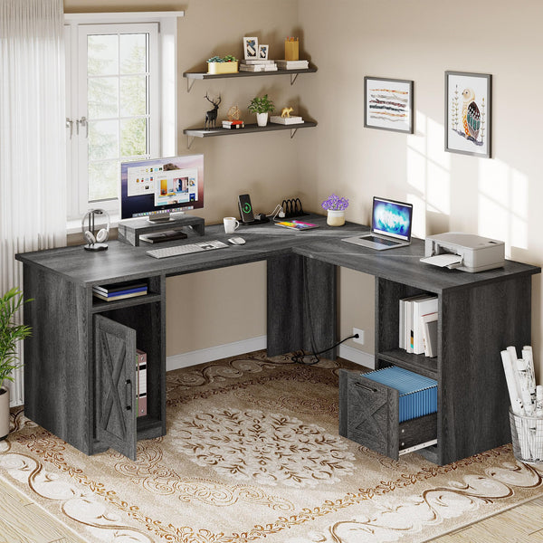 L-Shaped Desk with Power Outlets, File Drawer & Monitor Stand — 60 Inch Corner Office Desk