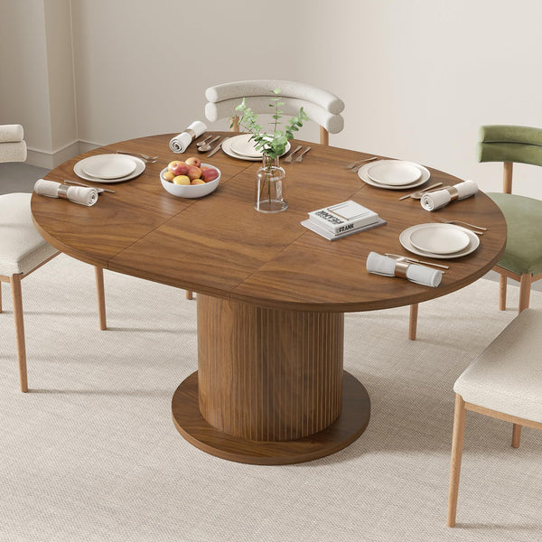 Adjustable Round Dining Table with Wood Strip Base
