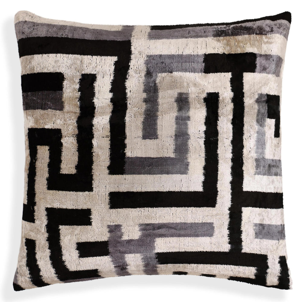 Black & Silver Maze Silk Velvet Throw Pillow 16x16