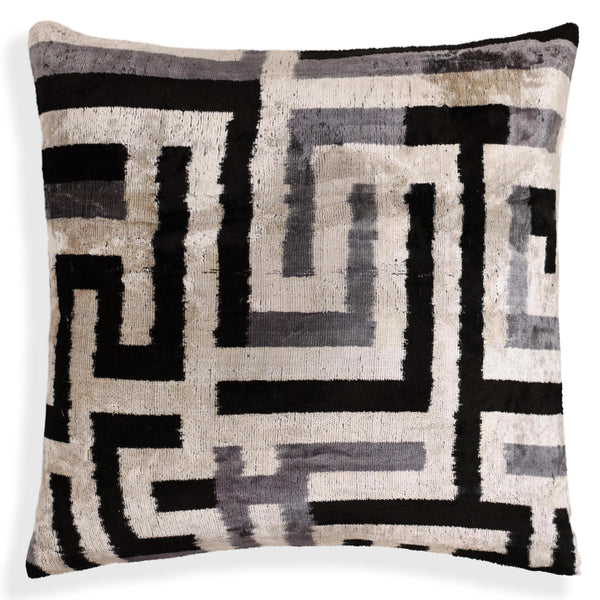 Black & Silver Maze Silk Velvet Throw Pillow 16x16