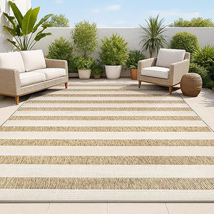 Indoor Outdoor Striped Area Rug 8x10 – Low Pile, Pet-Friendly, UV-Resistant