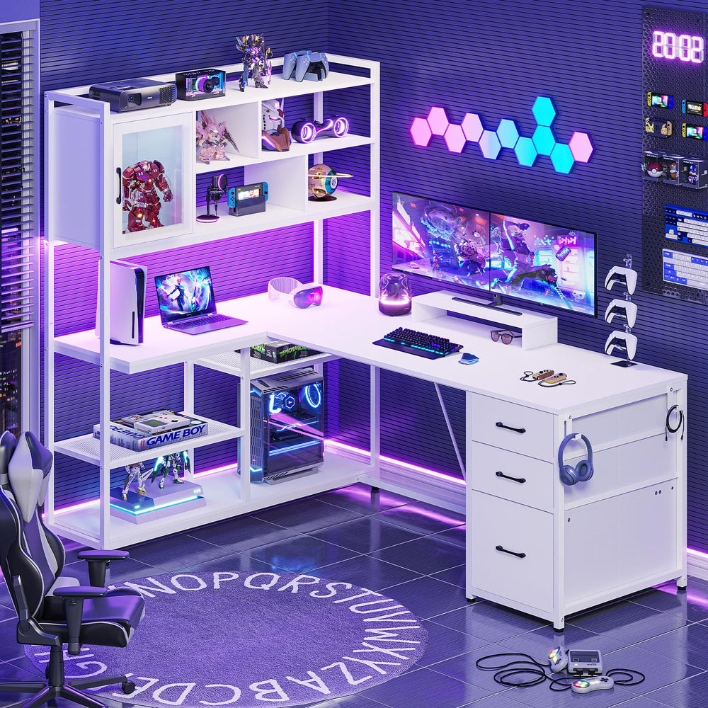 L-Shaped Computer Desk with Bookshelf, Drawers & LED Light