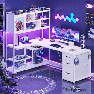 L-Shaped Computer Desk with Bookshelf, Drawers & LED Light
