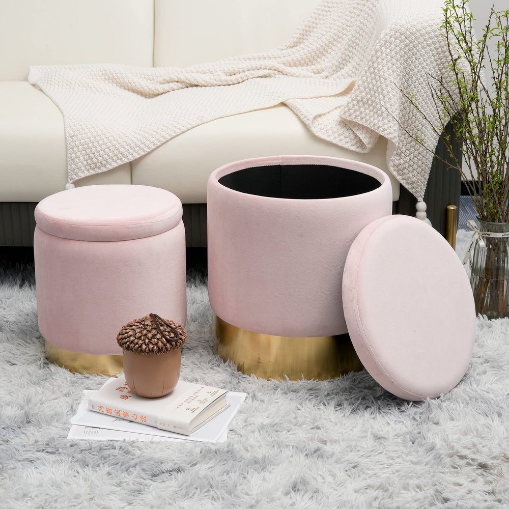 Round Velvet Storage Ottoman Set of 2 with Gold Base