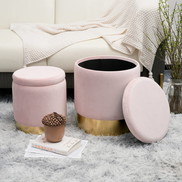 Round Velvet Storage Ottoman Set of 2 with Gold Base