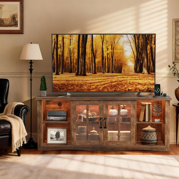 Farmhouse LED TV Stand with Power Outlet & LED Lighting
