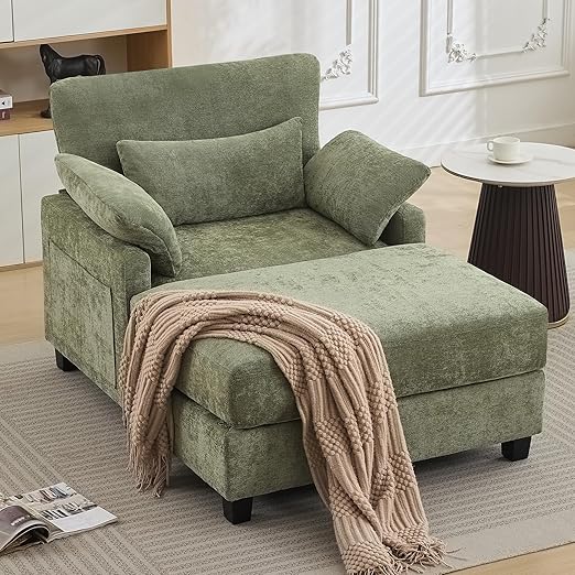 Chenille Chaise Lounge Chair with Ottoman