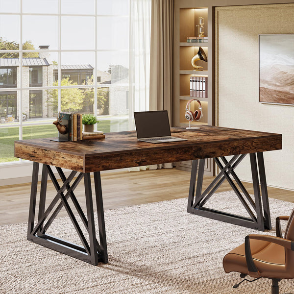 63-Inch Farmhouse Executive Desk with X-Shaped Metal Legs