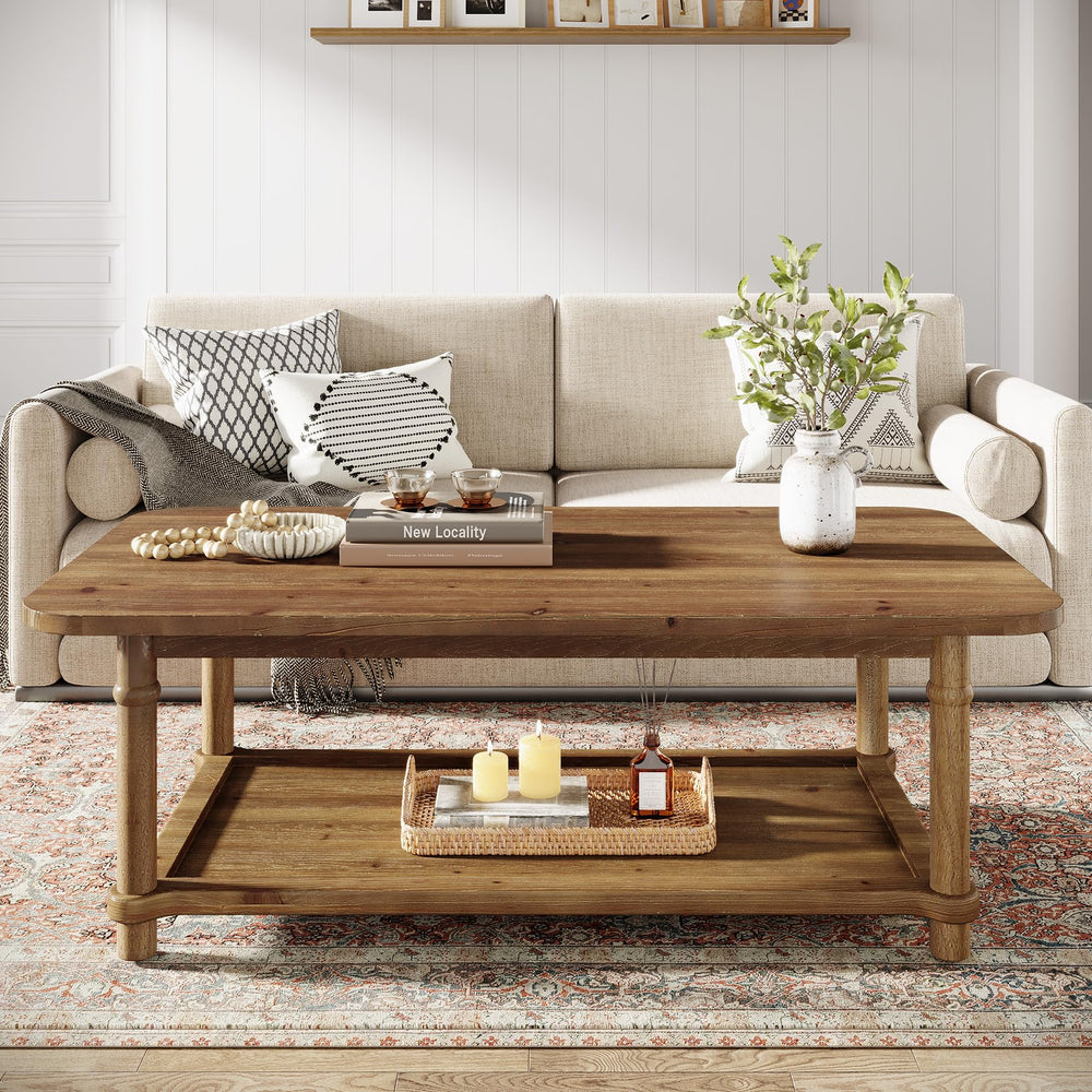 Solid Wood Rectangle Coffee Table with 2-Tier Storage