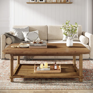 Solid Wood Rectangle Coffee Table with 2-Tier Storage