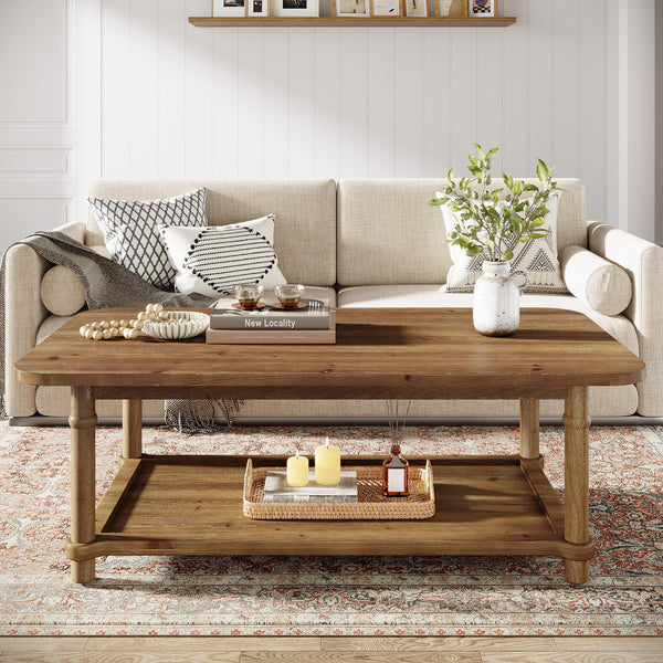 Solid Wood Rectangle Coffee Table with 2-Tier Storage