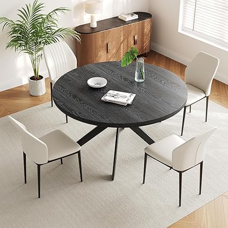 46.4" Round Dining Table Set for 4-6 – Steel Legs, Upholstered Chairs