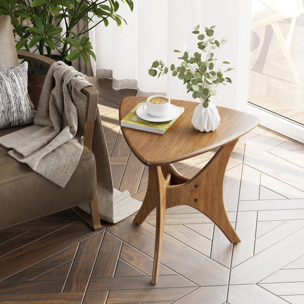 Triangle Wood End Table with Cross-Leg Base – Brown