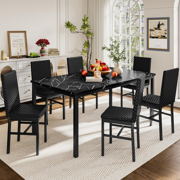 7-Piece Faux Marble Dining Table Set for 6 with PU Leather Chairs