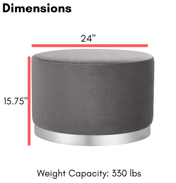 Round Grey Velvet Ottoman Pouf with Silver Trim