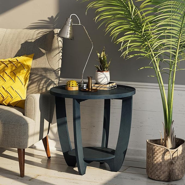 Round Farmhouse End Table with Storage Shelf
