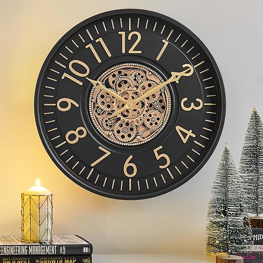 Large Moving Gear Wall Clock with Roman Numerals