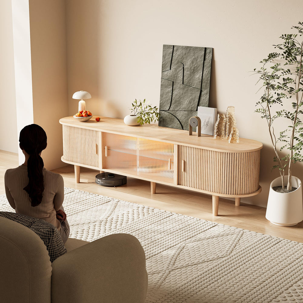 70-Inch Fluted TV Stand with LED Lights & Sliding Doors