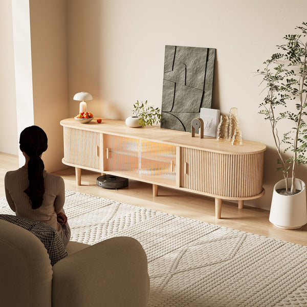 70-Inch Fluted TV Stand with LED Lights & Sliding Doors