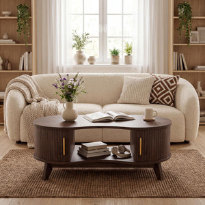 Dual Oval Coffee Table with Storage & Sliding Tambour Door